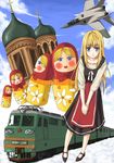  aircraft airplane blonde_hair blue_eyes church fighter_jet ground_vehicle jet locomotive long_hair long_sleeves matryoshka_doll mig-29 military military_vehicle original russia solo train unasaka_ryou 