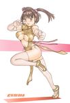  blush breasts brown_eyes brown_hair china_dress chinese_clothes clenched_hand dress elbow_gloves fighting_stance gloves kisaragi_gunma large_breasts long_hair midriff navel original shoes solo standing standing_on_one_leg thighhighs twintails underboob white_gloves white_legwear 