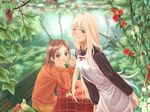  bench blonde_hair blue_eyes brown_hair dress flower forest long_hair long_sleeves multiple_girls nature one_eye_closed orange_shirt original petals pinafore_dress rose shirt sweater zama_masaaki 