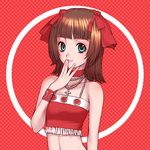  amami_haruka aqua_eyes bangs bare_shoulders blunt_bangs brown_hair cool_&amp;_sexy_(idolmaster) crop_top cross hair_ribbon hand_on_own_face idolmaster idolmaster_(classic) idolmaster_1 latin_cross lips midriff ribbon sakamoto_mineji short_hair smile solo 