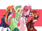  ahoge arf blonde_hair blue_eyes braid cropped_jacket familiar fingerless_gloves forehead_jewel gloves hat jacket jinki kirisawa_tokito long_hair long_skirt lyrical_nanoha magical_girl mahou_shoujo_lyrical_nanoha mahou_shoujo_lyrical_nanoha_a's multiple_girls one_eye_closed open_clothes open_jacket orange_hair parody pink_hair ponytail red_hair shamal signum skirt twin_braids vita waist_cape 