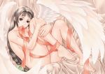  angel_wings barefoot bed_sheet braid copyright_request feet long_hair mouth_hold naked_ribbon nude ribbon solo tanaka_takayuki wings 