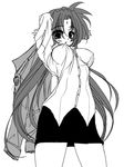  arf arms_up blush breasts buttons covered_nipples cowboy_shot frapowa greyscale holding holding_jacket jacket large_breasts lineart long_hair long_sleeves lyrical_nanoha mahou_shoujo_lyrical_nanoha mahou_shoujo_lyrical_nanoha_a's monochrome pencil_skirt shirt simple_background skirt solo very_long_hair white_background 