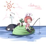  animal_ears artist_request black_legwear blue_panties bunny_ears copyright_request fishing fishing_rod holding holding_fishing_rod panties red_hair solo tank_top thighhighs underwear 