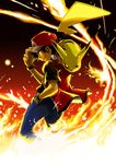  black_hair bracelet fire gen_1_pokemon hand_in_pocket hat highres jewelry looking_back male_focus pikachu pokemon pokemon_(creature) pokemon_(game) red_(pokemon) red_eyes sei_jun smirk 