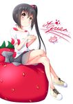  bad_id bad_pixiv_id banned_artist black_hair brown_eyes crossed_legs food fruit k-on! listen!! long_hair mirai_(macharge) nakano_azusa polka_dot side_ponytail sitting solo strawberry 