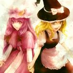  blonde_hair hat holding_hands kirisame_marisa mr multiple_girls patchouli_knowledge purple_hair touhou witch_hat 