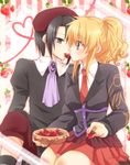  1girl black_hair blonde_hair food fruit holding holding_food holding_fruit kanon_(umineko) maekawa_suu mouth_hold necktie ponytail skirt strawberry umineko_no_naku_koro_ni ushiromiya_jessica 