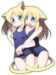  animal_ears bad_id bad_pixiv_id blonde_hair blue_eyes blush breast_press breasts cat_ears cat_tail holding_hands kagura_yuuki large_breasts long_hair multiple_girls one-piece_swimsuit original school_swimsuit school_swimsuit_flap siblings sisters swimsuit tail twins 