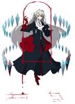  blood bow cross crystal dress dripping frills gloves hair_ornament high_heels long_hair original red_eyes ribbon shoes smile solo vane white_hair 