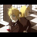  1girl alcohol blonde_hair blue_eyes brother_and_sister checkered cup drinking_glass hair_ornament hair_ribbon hairclip highres kagamine_len kagamine_rin kayu knife nazotoki_(vocaloid) ribbon siblings twins vocaloid wine wine_glass 