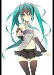  aqua_eyes aqua_hair bad_id bad_pixiv_id black_legwear detached_sleeves hatsune_miku koba long_hair navel necktie pillarboxed skirt solo thighhighs twintails vocaloid 