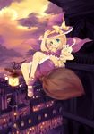  aqua_eyes bad_id bad_pixiv_id blonde_hair broom broom_riding building cape cat city cloud frills hat hat_ribbon lamp legs midriff open_mouth original purple ribbon short_hair sky sleeveless solo twilight witch witch_hat yukise_miyu 