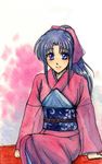  1girl blue_eyes blue_hair female japanese_clothes kamiya_kaoru kimono liebst long_hair pink_ribbon ribbon rurouni_kenshin sitting solo 