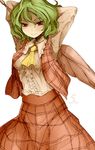  arms_up ascot breasts closed_umbrella green_hair kazami_yuuka medium_breasts oso_(toolate) plaid plaid_skirt plaid_vest red_eyes shaded_face short_hair simple_background skirt skirt_set smile solo touhou umbrella vest white_background 