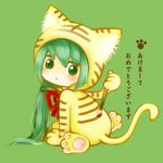  :&lt; animal_costume animal_print bow bowtie green_eyes green_hair hatsune_miku long_hair new_year paintbrush rineko simple_background solo striped tiger_costume tiger_print translated very_long_hair vocaloid 