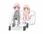  can casual controller couch double_vertical_stripe final_fantasy final_fantasy_xiii fumizuki_itsuka game_console game_controller leg_hug lightning_farron multiple_girls pajamas pink_hair playing_games playstation_3 serah_farron siblings side_ponytail sisters table track_suit 