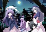  animal_ears black_hair bunny_ears highres houraisan_kaguya inaba_tewi long_hair moon multiple_girls night purple_hair red_eyes reisen_udongein_inaba short_hair silver_hair touhou tsukinon yagokoro_eirin 