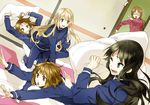  akiyama_mio bad_id bad_pixiv_id black_eyes black_hair blonde_hair brown_eyes brown_hair glasses hirasawa_yui k-on! kotobuki_tsumugi multiple_girls pillow pillow_fight psd tainaka_ritsu watermark yamanaka_sawako 