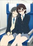  blazer closed_eyes extra finger_to_mouth glasses jacket k-on! manabe_nodoka mizuki_makoto multiple_girls red-framed_eyewear school_uniform semi-rimless_eyewear shushing sitting sleeping sleeping_upright takahashi_fuuko train_interior under-rim_eyewear 