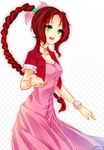  aerith_gainsborough bad_id bad_pixiv_id bow bracelet braid brown_hair choker cropped_jacket dress final_fantasy final_fantasy_vii green_eyes hair_ribbon heki_kiri jewelry long_dress long_hair pink_bow pink_dress ponytail reaching ribbon simple_background single_braid solo very_long_hair 