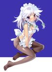  apron blush bow braid breasts cleavage embarrassed feet full_body hair_bow izayoi_sakuya katahira_masashi large_breasts legs maid_headdress naked_apron no_panties pantyhose purple_eyes solo thighband_pantyhose touhou twin_braids v_arms white_hair 