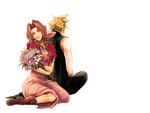  1girl aerith_gainsborough bad_id bad_pixiv_id blonde_hair boots bouquet bow brown_eyes brown_hair choker cloud_strife cropped_jacket dress final_fantasy final_fantasy_vii flower green_eyes hair_ribbon long_dress long_hair pink_bow pink_dress ponytail ribbon simple_background sitting tsuyomaru 