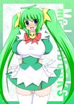  blue_eyes blush breasts brooch green_hair hair_ribbon jewelry large_breasts long_hair maid melon-chan melonbooks open_mouth ribbon solo thighhighs twintails very_long_hair white_legwear zefyu zettai_ryouiki 