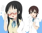  2girls akiyama_mio bespectacled black_hair borrowed_garments brown_eyes brown_hair eyewear_switch face glasses ikari_manatsu k-on! long_hair manabe_nodoka multiple_girls o_o school_uniform short_hair 