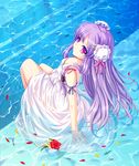  alternate_costume alternate_hairstyle blue breasts bun_cover cetera cleavage double_bun dress fish flower from_above hair_ornament hairclip highres long_hair looking_up medium_breasts patchouli_knowledge petals pink_eyes purple_hair sitting solo submerged sundress touhou water 