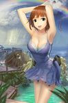  armpits arms_up bad_id bad_pixiv_id blue_eyes breasts brown_hair cleavage cloud dress large_breasts leaning_forward original rainbow shijima_(tanfn) short_dress smile solo water 