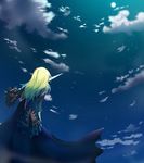  bad_id bad_pixiv_id blonde_hair blue_background cape cloud male_focus moon night richard_(tales) sky solo star_(sky) starry_sky sword tales_of_(series) tales_of_graces toubi weapon 