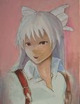  close-up fujiwara_no_mokou hair_ribbon oil_painting_(medium) open_mouth portrait ribbon shift_(waage) solo suspenders touhou traditional_media 