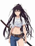  asymmetrical_clothes belt black_hair breasts denim face hair_ribbon highres jeans kanzaki_kaori large_breasts long_hair midriff navel pants ponytail purple_eyes ribbon shirt single_pantsleg smile_(rz) solo sword taut_clothes taut_shirt tied_shirt to_aru_majutsu_no_index weapon 