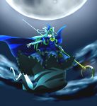  cape full_moon ghost_tail green_hair long_hair mima moon night red_eyes solo staff taihentai touhou wind wind_lift 