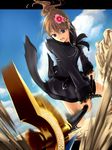  attack bad_id bad_pixiv_id black_dress blue_eyes brown_hair cloud day desert dress fantasy_earth_zero flower hair_ornament open_mouth polearm ponytail sand sky solo visualcat weapon 