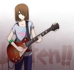  brown_hair denim earrings guitar hair_over_one_eye highres hirasawa_yui instrument jeans jewelry k-on! listen!! pants solo utsui 