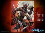  alteil april axe calendar_(medium) chain cutlass_(sword) gauntlets glowing glowing_eyes highres scar solo stitches sword takayama_toshiaki weapon 