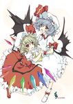  bat_wings blonde_hair fang flandre_scarlet hat holding_hands multiple_girls purple_hair red_eyes remilia_scarlet short_hair siblings sisters touhou wings won_(az_hybrid) wrist_cuffs 