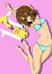  absurdres arms_up bad_id bad_pixiv_id barefoot bikini brown_eyes brown_hair crossover gen_1_pokemon highres hirasawa_yui k-on! lying nanakusa_amane pikachu pokemon pokemon_(creature) swimsuit 