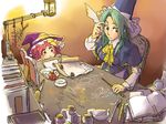  :x book breasts brush feathers green_hair hat ink kazuharu kirisame_marisa kirisame_marisa_(pc-98) lamp medium_breasts mima mortar multiple_girls pestle red_hair ruler sitting story_of_eastern_wonderland teapot touhou touhou_(pc-98) wizard_hat yellow_eyes 