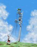  bad_id bad_pixiv_id blue_hair cloud day geta grass hair_bobbles hair_ornament hat highres inubashiri_momiji kawashiro_nitori lamppost multiple_girls nom_(shumneko) on_top_of_pole oota_jun'ya_(style) parody power_lines sandals short_hair silver_hair squatting standing style_parody tail telephone_pole tokin_hat touhou transformer twintails wind 