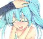  aqua_hair blush closed_eyes colored_eyelashes face happy hatsune_miku ichimatsu_nana long_hair lowres open_mouth out_of_frame petting simple_background smile solo_focus twintails vocaloid 