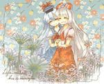  as blush bow closed_eyes couple dress english floral_background floral_print flower fujiwara_no_mokou hair_bow happy hat holding_hands kamishirasawa_keine long_hair multiple_girls necktie ribbon smile touhou truth very_long_hair yuri 