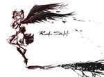  black_wings character_name gradient hat monochrome remilia_scarlet short_hair simple_background sinzire solo touhou white_background wings 