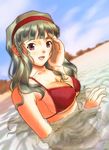  bikini breasts cleavage emanon123 grey_hair hairband highres idolmaster idolmaster_(classic) large_breasts long_hair looking_at_viewer open_mouth partially_submerged red_eyes reflection shijou_takane smile solo swimsuit wading water 