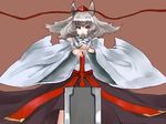  alternate_weapon animal_ears bad_id bad_pixiv_id detached_sleeves hat highres huge_weapon inubashiri_momiji miatsushi red_eyes short_hair silver_hair solo sword tokin_hat touhou weapon wolf_ears 