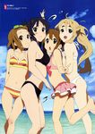  absurdres akiyama_mio barefoot beach bikini black_bikini black_eyes black_hair blonde_hair blue_eyes blush breast_press breasts brown_eyes brown_hair day eyebrows highres hirasawa_yui horiguchi_yukiko k-on! kotobuki_tsumugi long_hair medium_breasts multiple_girls navel nyantype official_art open_mouth outdoors reference_work scan short_hair small_breasts smile striped striped_bikini striped_swimsuit swimsuit symmetrical_docking tainaka_ritsu v water white_bikini 