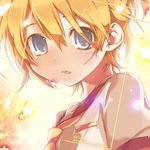  androgynous blonde_hair blue_eyes face hekicha kagamine_len male_focus open_mouth ponytail school_uniform solo star vocaloid 