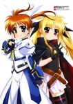  absurdres bangs fate_testarossa highres lyrical_nanoha mahou_shoujo_lyrical_nanoha mahou_shoujo_lyrical_nanoha_the_movie_1st multiple_girls nyantype okuda_yasuhiro scan takamachi_nanoha thighhighs 